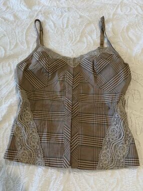 Y2K Vintage Plaid Lace Trim Cami Corset Top